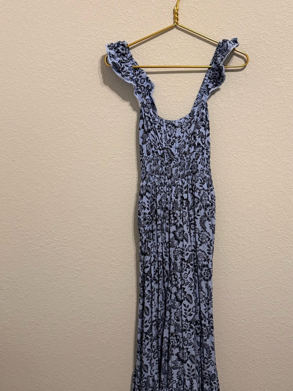 aerie Blue Floral Smocked Maxi Dress with Ruffle Straps